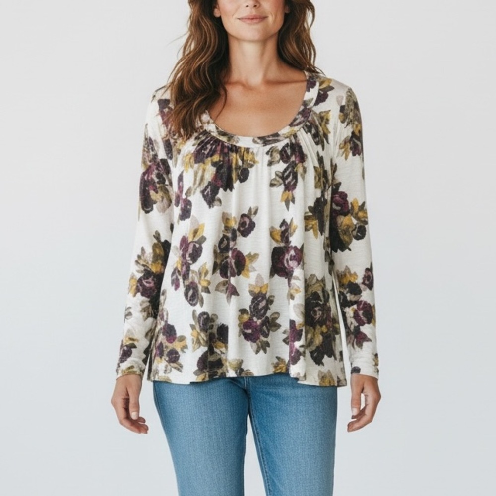 Gap Womens White Floral Long Sleeve Scoop Neck Top Large